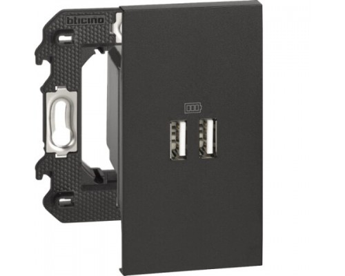 Розетка зарядное устройство USB 2 разъёма тип - А/тип - А 3000мА 2 модуля Bticino Living Now Цвет Чёрный K4285C2+KG12C+K4702